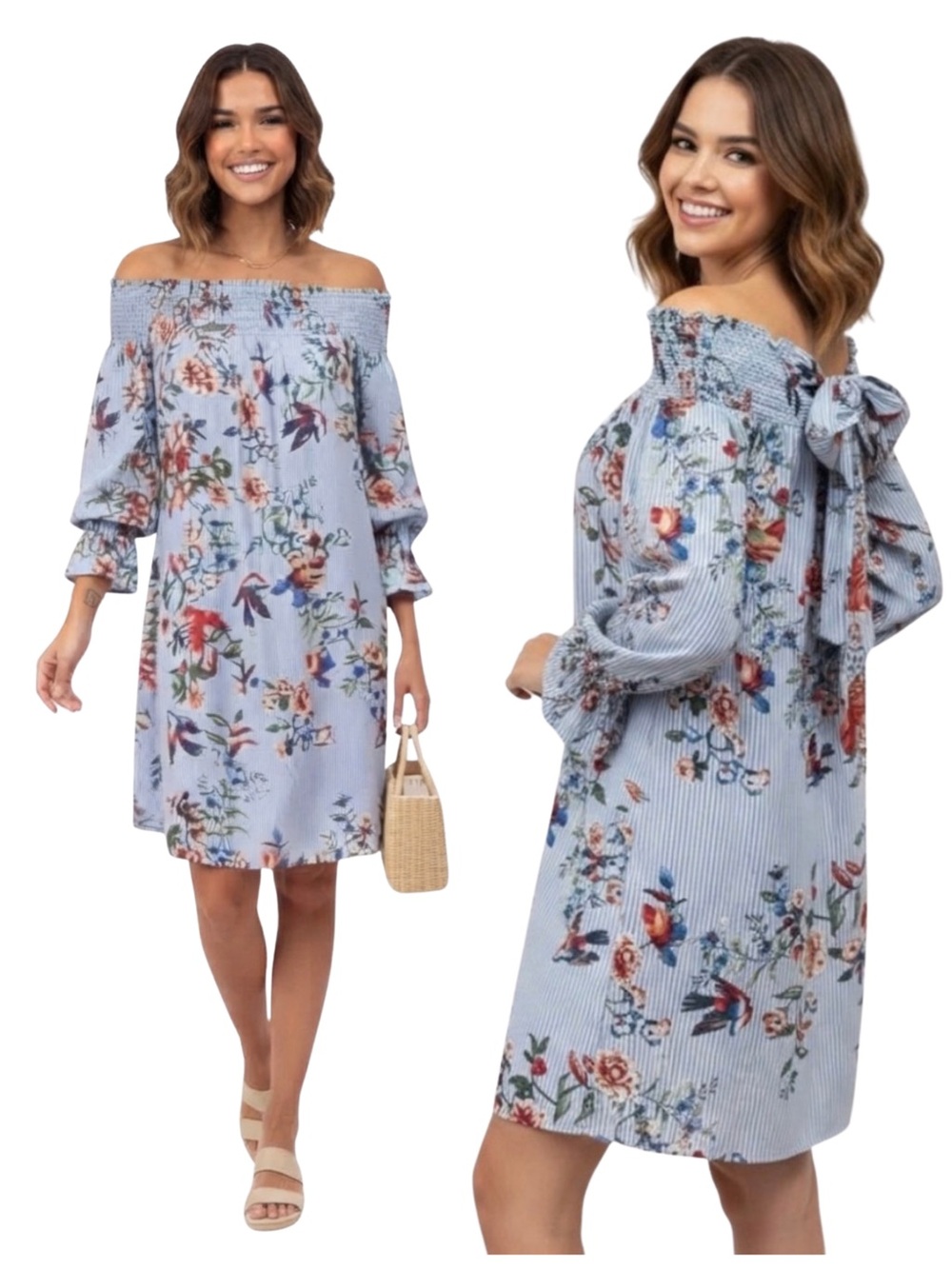 Soprano Bird Floral Off Shoulder Striped Dress Size XS